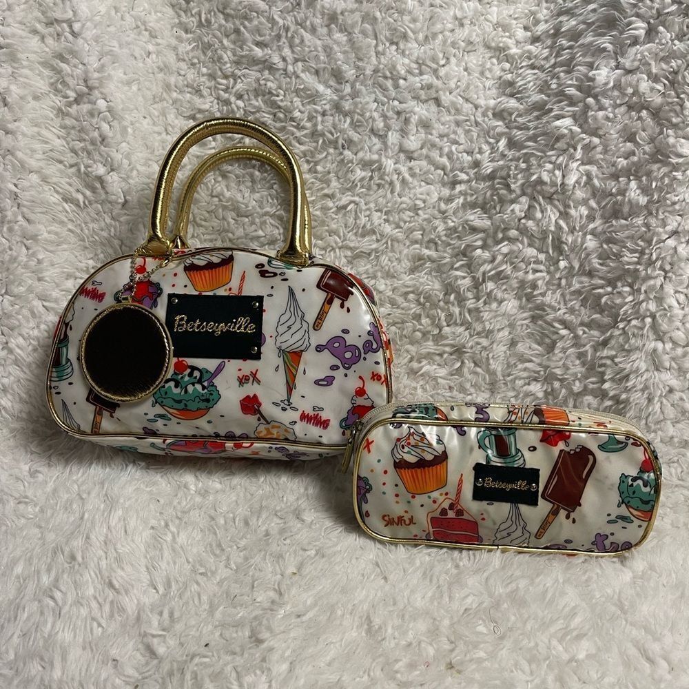 Betsey Johnson vinyl white satchel multi color ice cream print bonus wallet